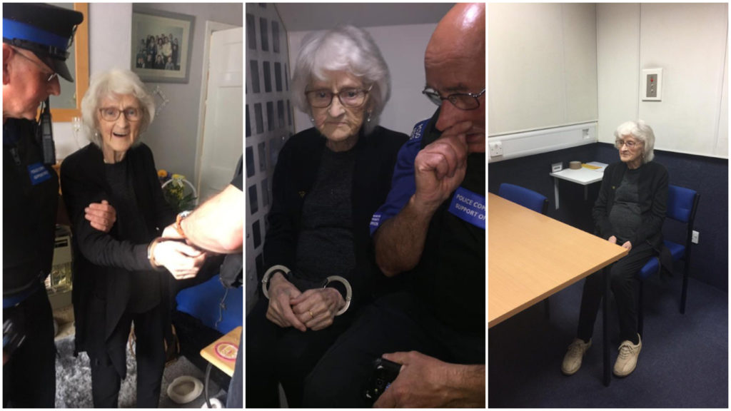 Collage de imágenes de la abuela de 93 años que fue arrestada en Manchester, Inglaterra